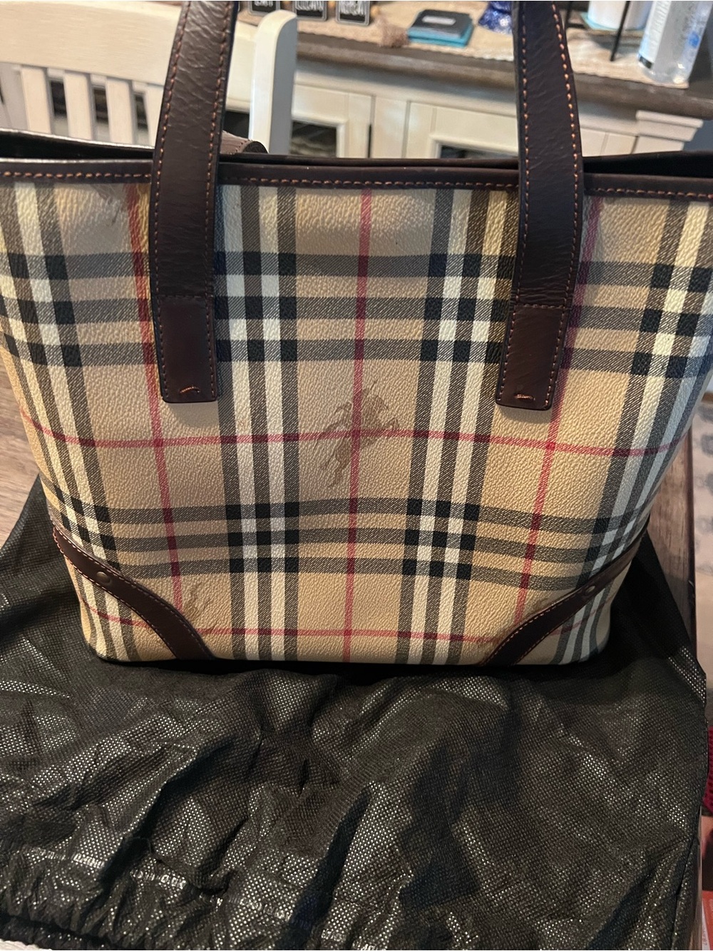 Burberry Hayward Plaid Tote with Brown Leather Trim and Red Accents